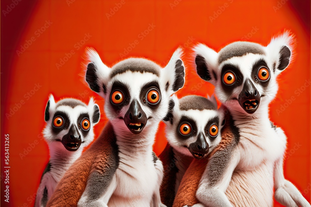 Group of surprised lemurs on a red background, created with Generative AI technology