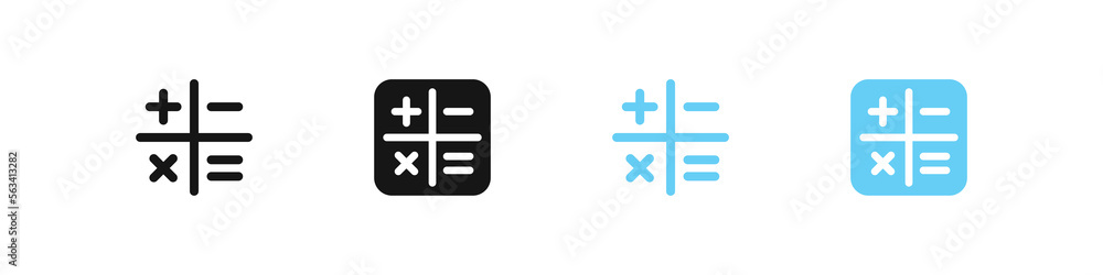 Calculate icon. Math symbol. Accounting signs. Education and school symbols. Formula icons. Black and blue color. Vector sign. Calculate icon. Math symbol. Accounting signs. Education and school symbols. Formula icons. Black and blue color. Vector sign.