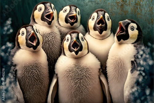 Group of surprised pinguins, created with Generative AI technology