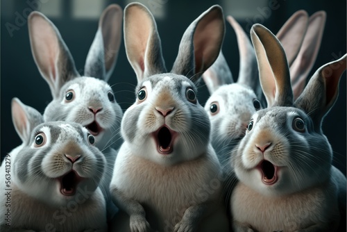Group of surprised rabbits, created with Generative AI technology