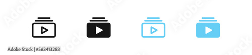 Three layer icon. Button play symbol. Library signs. Stack of paper symbols. The floor of page icons. Black and blue color. Vector sign.