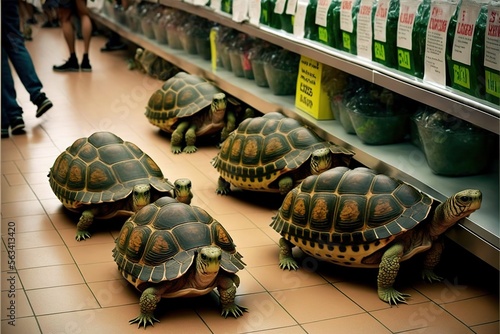 Obraz na plátně Line of turtles with purchases at the checkout in the supermarket, concept of sl