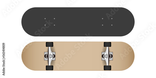 Skateboard realistic front and back side vector mockup isolated on white background.