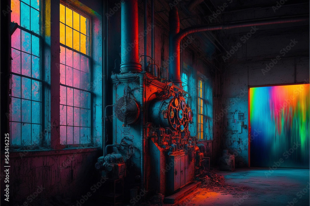 Abandoned Factory Warehouse Interior with Neon Light Installation Generative AI