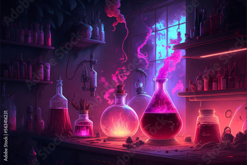 Fantasy Pink Love Magic Potions in an Alchemy or Chemistry Lab Illustration Generative AI