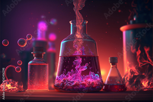 Pink and Red Magic Love Potions in a Chemistry or Alchemy Lab with Pink Smoke Generative AI