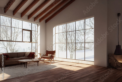 Beautiful Modern Living Interior with Wood Beam Ceiling and Large Modern Windows Made with Generative AI