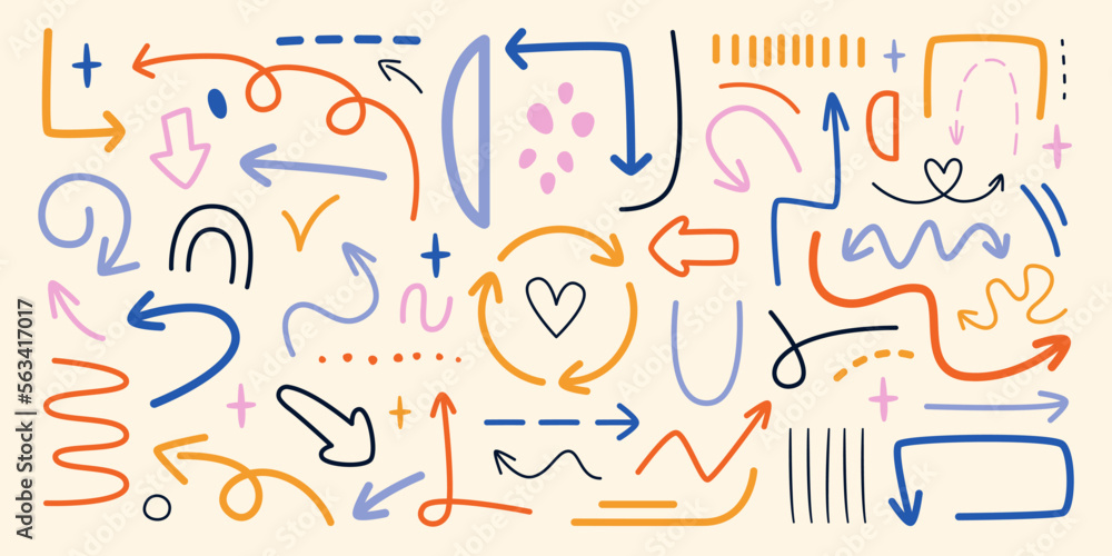 Colored doodle arrows and lines flat icons set. Straight or curly line points in particular direction