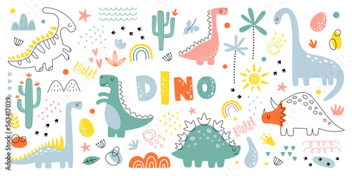 Hand drawn abstract shapes flat icons set. Minimalistic colorful dinosaur arts. Jurassic period