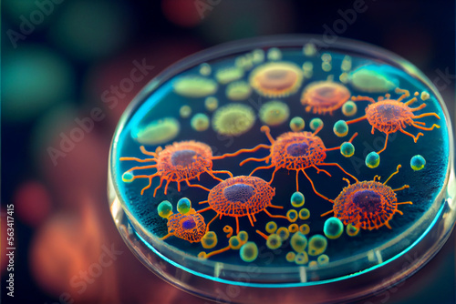 Close-up of virus cells or bacteria on light background. Virus background with disease cells and red blood cell.COVID-19 Corona virus outbreaking and Pandemic medical health risk concept. photo