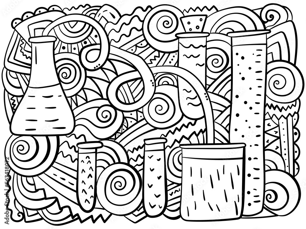 Science Vector Coloring Science horizontal meditative coloring page with laboratory glassware ...