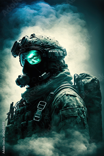 Special operations soldier on a mission at night wearing night vision goggles and face mask by generative AI