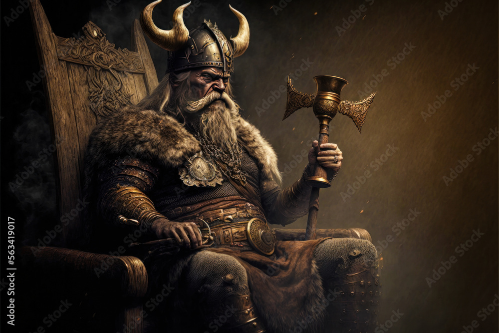 Viking king sitting on a throne with a drinking horn. Norse earl holding a Nordic drinking horn