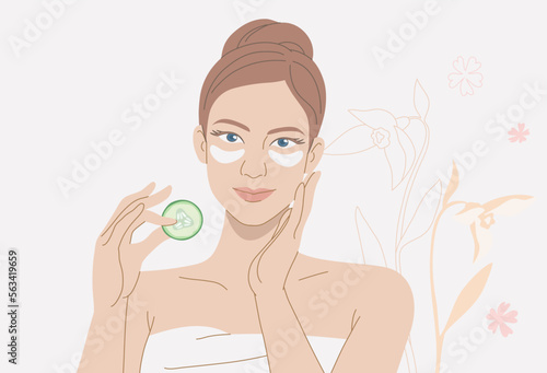 Beautiful young woman in towel, hand holding cucumber, skin care on her face, with flowers and leaves plants background,
organic cosmetic skin care banner. Vector design illustration.