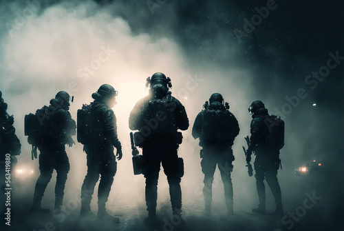 Policemen in SWAT team, in full riot gear at night, surrounded by smoke, mist, haze by generative AI photo
