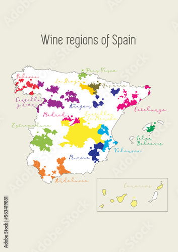 Spain wine map. Map of Spain vineyards with wine regions in Spanish language, like La Rioja, Galicia, Catalunya