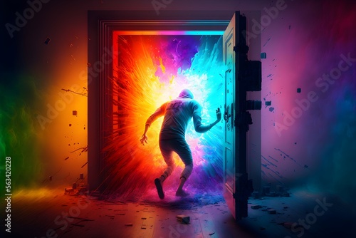 Person running out through the door, rgb color explosion, insane, generative AI photo