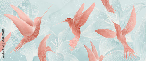 Luxury art background with hummingbirds in pink and blue with white elements in line style. Animalistic banner for decoration, print, textile, wallpaper, packaging, interior design.