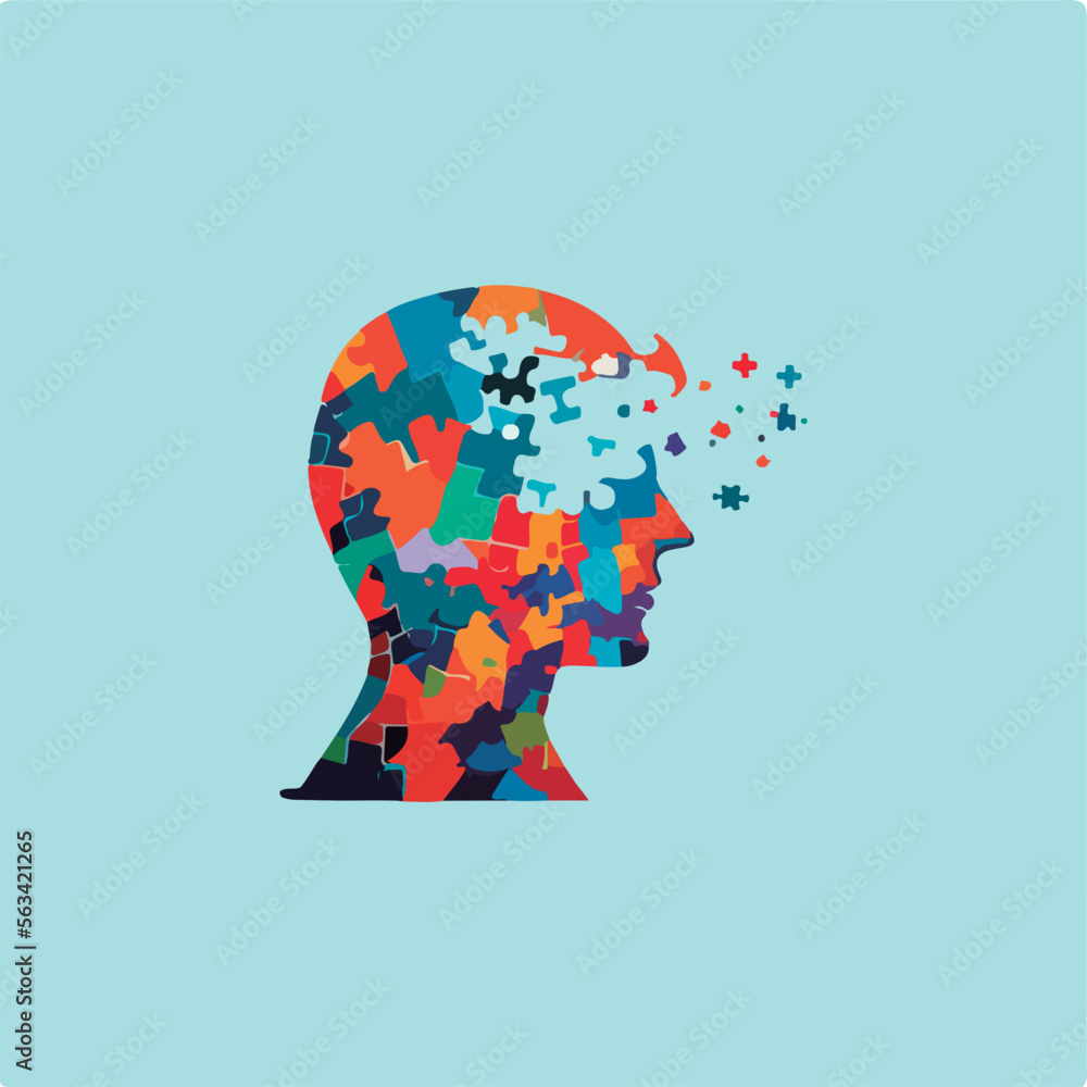 a silhouette of a head thinking and a puzzle shard flying up a silhouette of a head thinking and a puzzle shard flying up