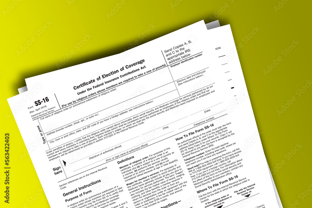 Form SS-16 documentation published IRS USA 07.17.2012. American tax document on colored Form SS-16 documentation published IRS USA 07.17.2012. American tax document on colored