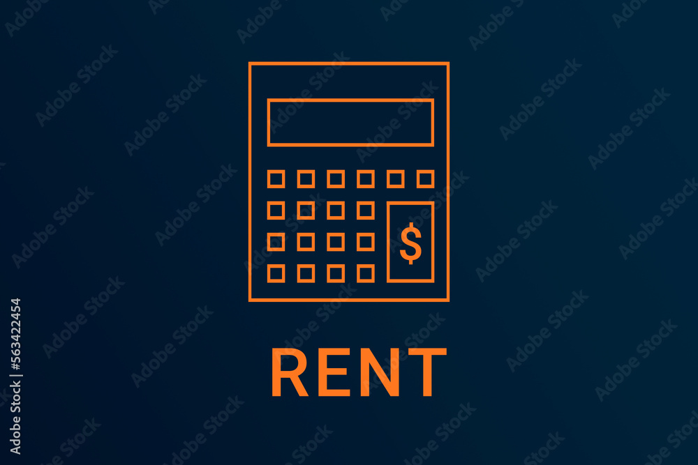 rent text. Calculator symbolizes economy. rent logo on dark background. Illustration rent . Financial screensaver. Minimalist orange calculator rent text. Calculator symbolizes economy. rent logo on dark background. Illustration rent . Financial screensaver. Minimalist orange calculator