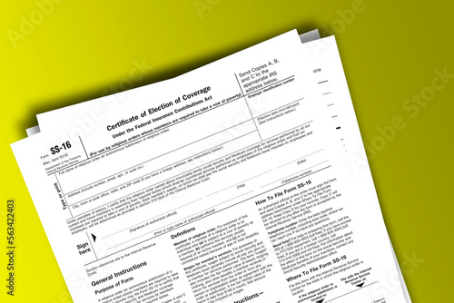 Form SS-16 documentation published IRS USA 07.17.2012. American tax document on colored
