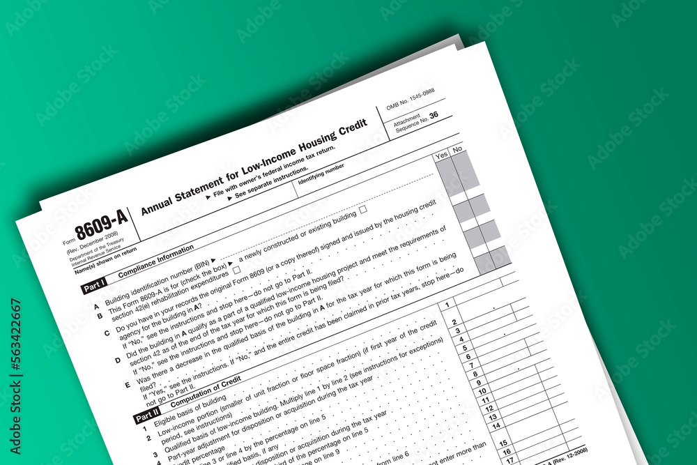 Form 8609-A documentation published IRS USA 07.17.2012. American tax document on colored Form 8609-A documentation published IRS USA 07.17.2012. American tax document on colored