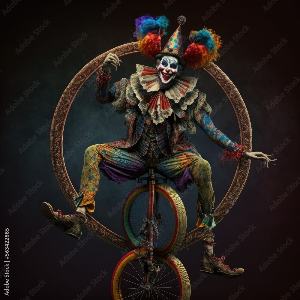 Circus in a clown dance on a unicycle, ai art Stock Illustration ...