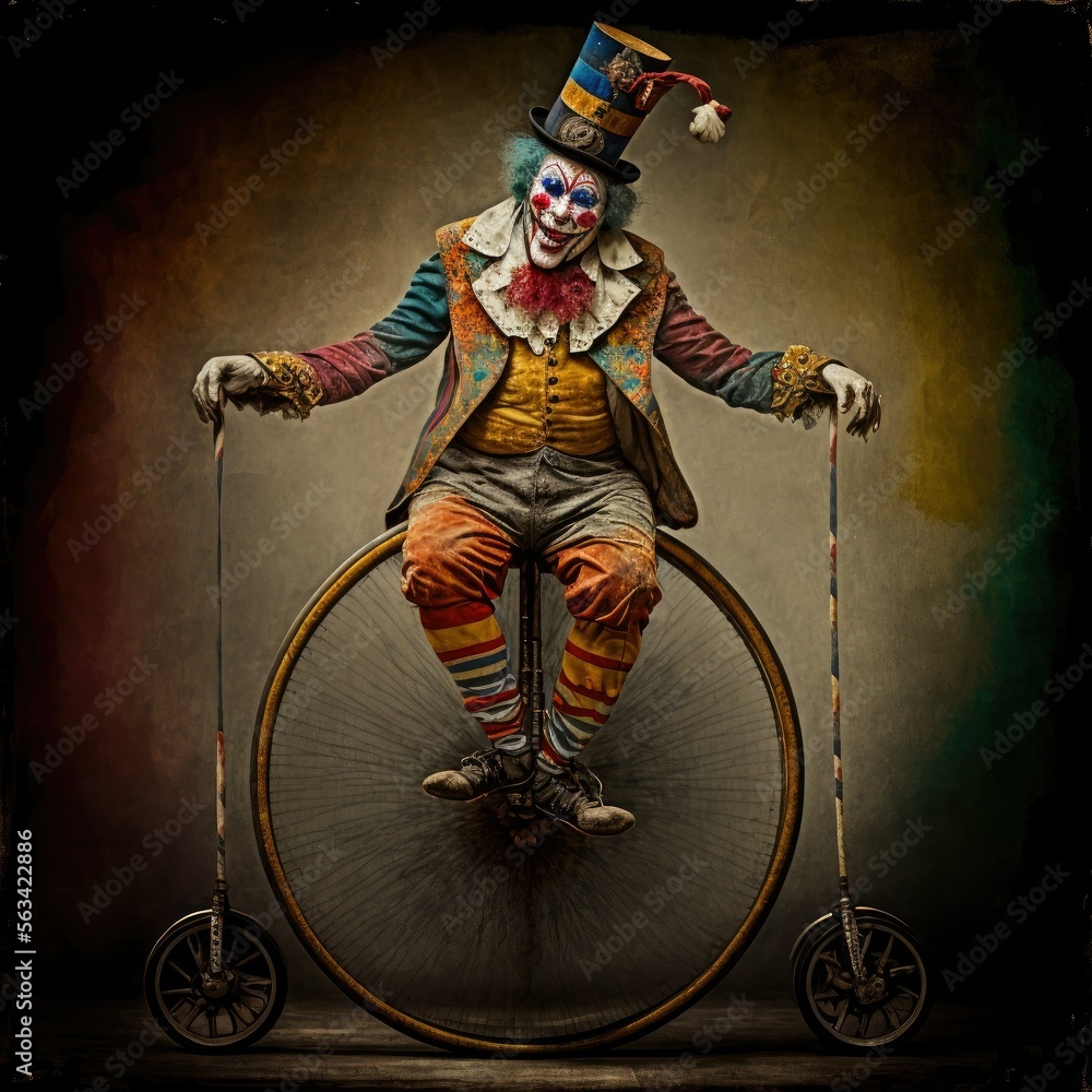 Circus in a clown dance on a unicycle, ai art Stock Illustration ...