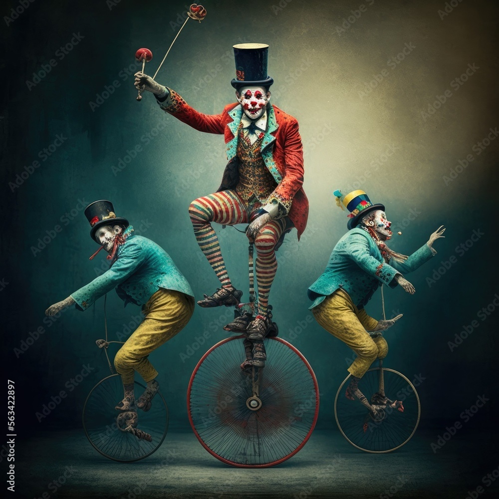 Circus in a clown dance on a unicycle, ai art Stock Illustration