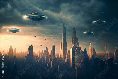 Valokuvatapetti UFO city invasion AI generative