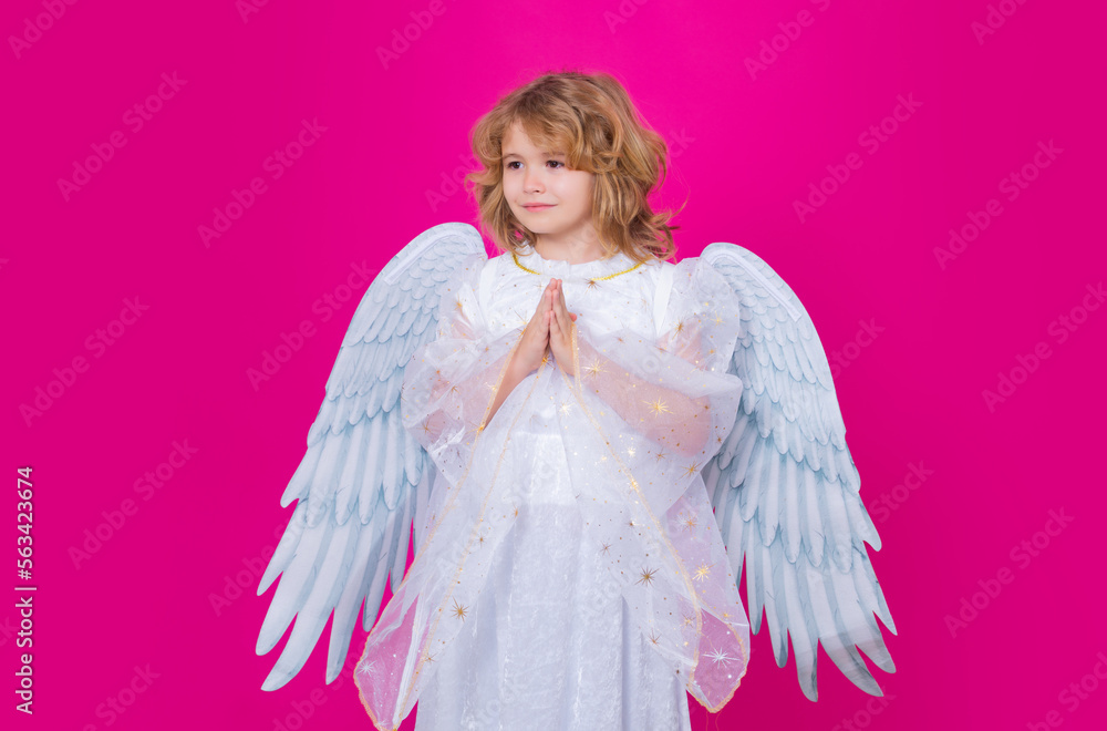 Valentines day. Little cupid angel child with wings with prayer hands, hope and pray concept. Studio portrait of angelic kid. Valentines day. Little cupid angel child with wings with prayer hands, hope and pray concept. Studio portrait of angelic kid.