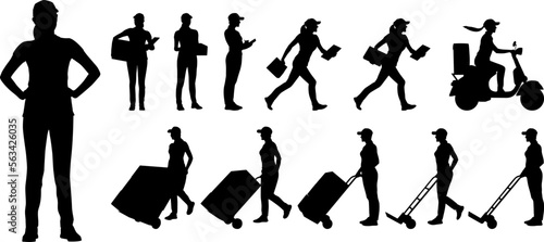 Silhouettes set of delivery female worker holding cardbord box and folder in different poses. Delivery woman on a scooter. Vector flat style illustration isolated on white. Full length view	