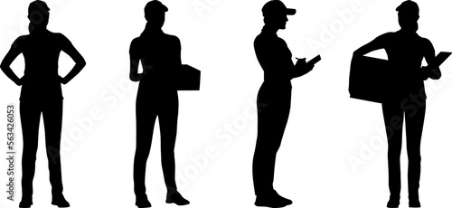 Silhouettes set of delivery female worker. Delivery woman holding boxes in different poses. Delivery woman on a scooter.  Vector flat style illustration isolated on white. Full length view