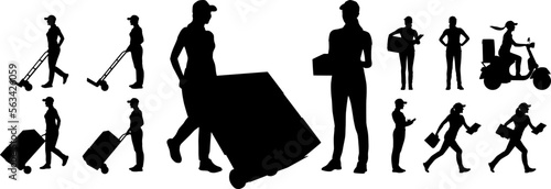 Silhouettes set of delivery female worker holding cardbord box and folder in different poses. Delivery woman on a scooter. Сart for cargo. Vector illustration isolated on white. Full length view