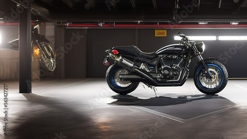 motorcycle in a dark garage, generic, Generative AI