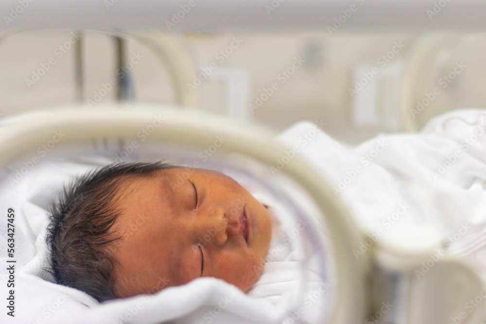 早産で保育器に入っっている赤ちゃんの上半身(新生児、日本人、男の子)