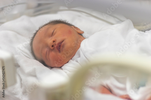 早産で保育器に入っっている赤ちゃんの上半身（新生児、日本人、男の子）