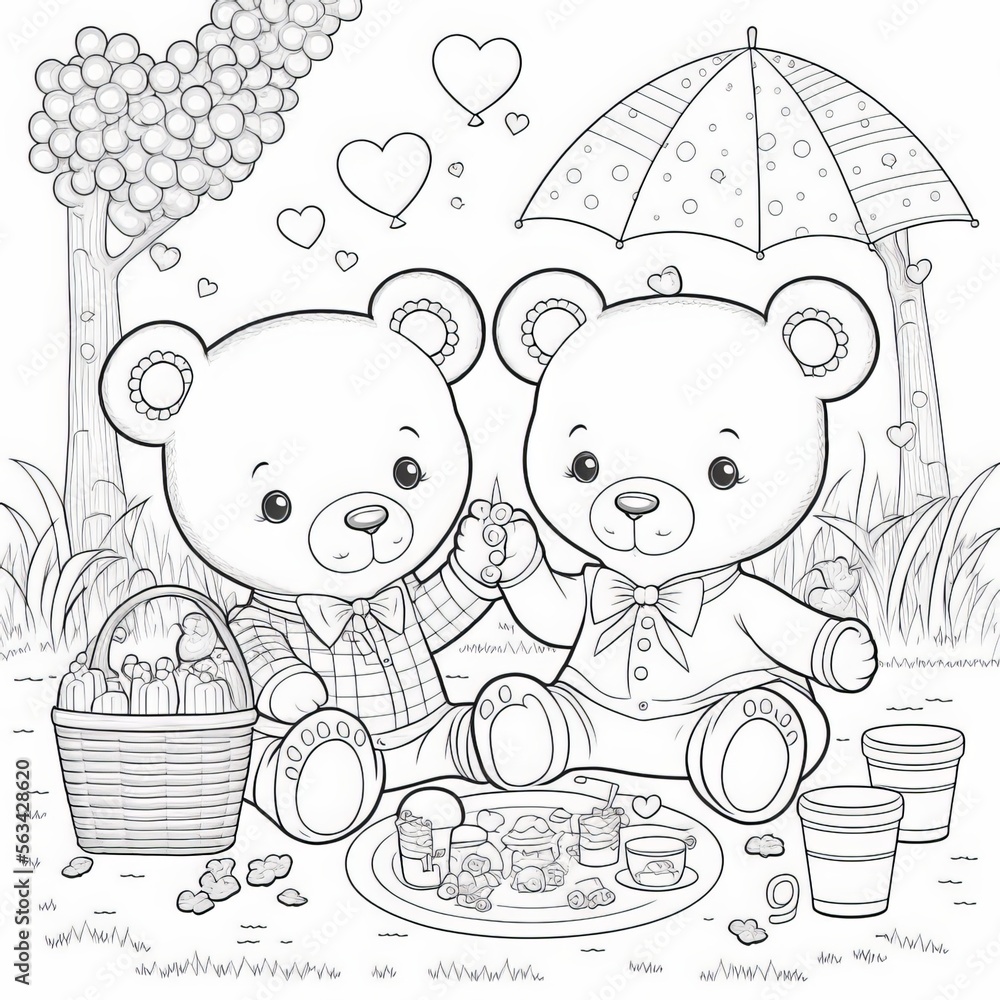 Two little bear in love coloring page illustration Stock Illustration ...