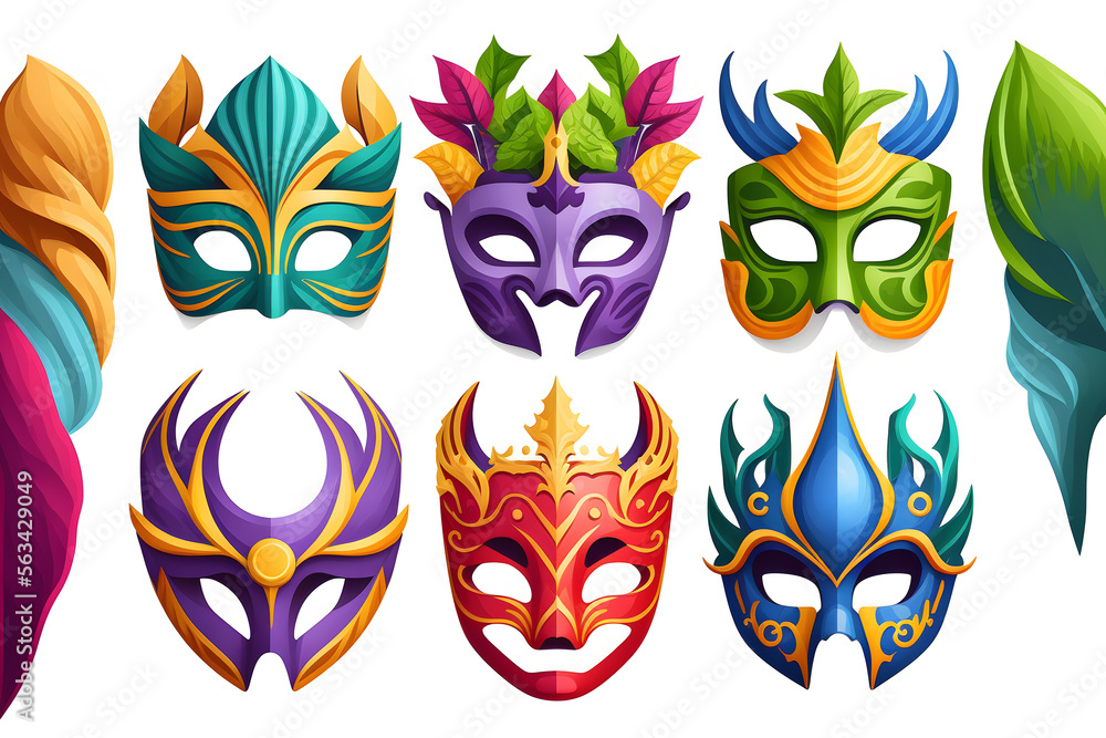 Set of carnival mask isolated on white background. Illustration. Vector illustration. With decorations. Generative AI, Generative, Artificial Intelligence Set of carnival mask isolated on white background. Illustration. Vector illustration. With decorations. Generative AI, Generative, Artificial Intelligence