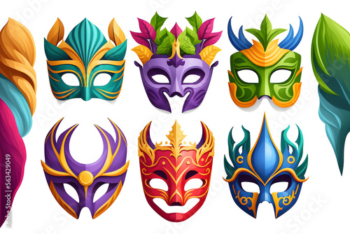 Set of carnival mask isolated on white background. Illustration. Vector illustration. With decorations. Generative AI, Generative, Artificial Intelligence