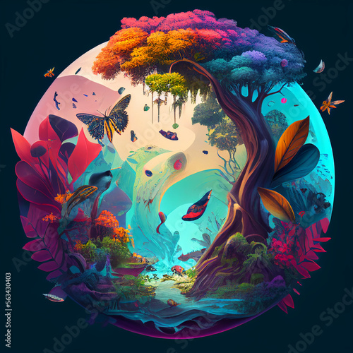 A Fantastical Ecosystem - A Conceptual Illustration of a Phantasy World with Biotic and Abiotic Elements, Animals, Insects, Trees, and Plants photo