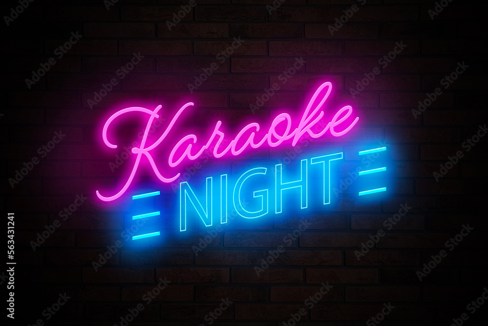 Glowing neon sign with words Karaoke Night on brick wall Glowing neon sign with words Karaoke Night on brick wall