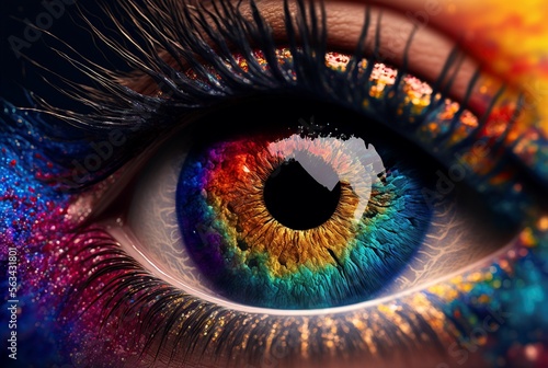abstract human eye with a rainbow iris in a mix of rainbow colors. generative AI