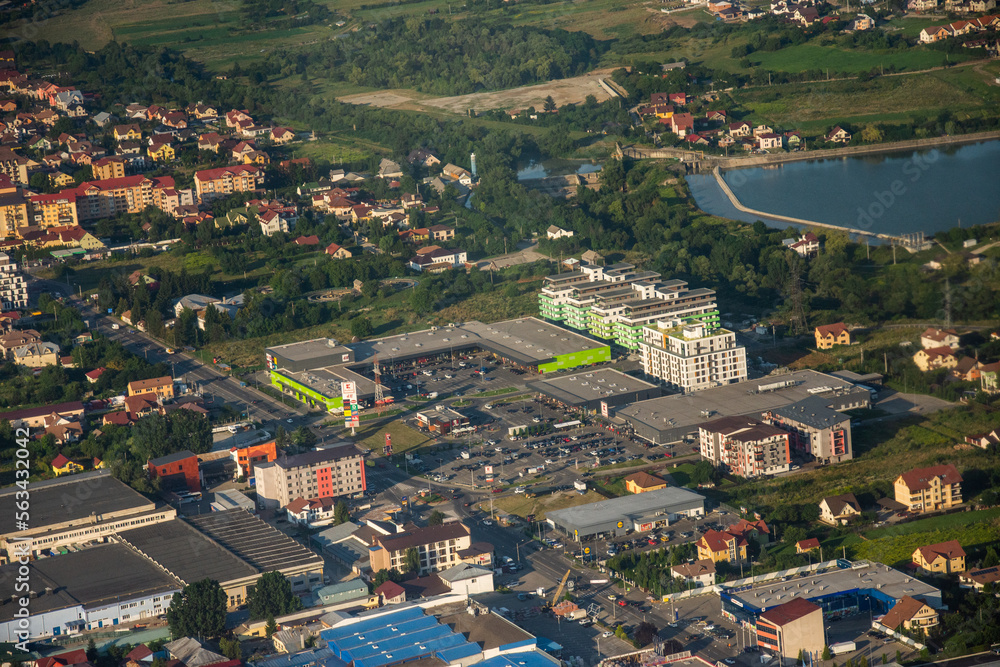 The city of Bistrita seen from the plane in August 2020 Bistrita, Romania,