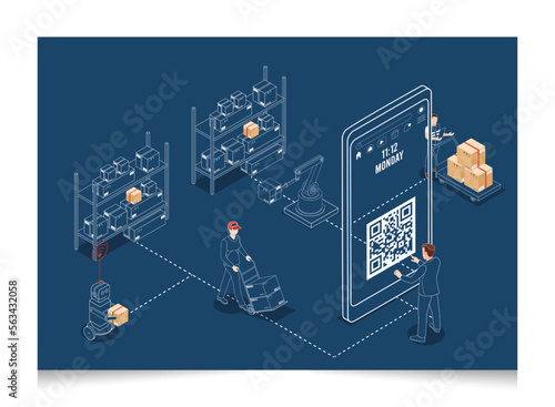 3D isometric Logistics and Delivery services concept with a customer tries to scan a qrcode to make a phone order from a seller. Vector illustration eps10