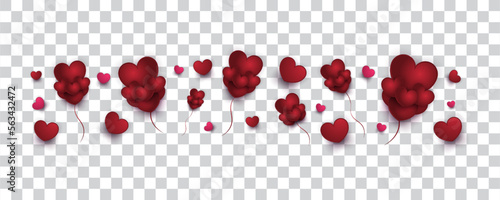 Cute Red Heart Balloons Illustration Isolated on Transparent Background. Valentine's Day Decoration Elements