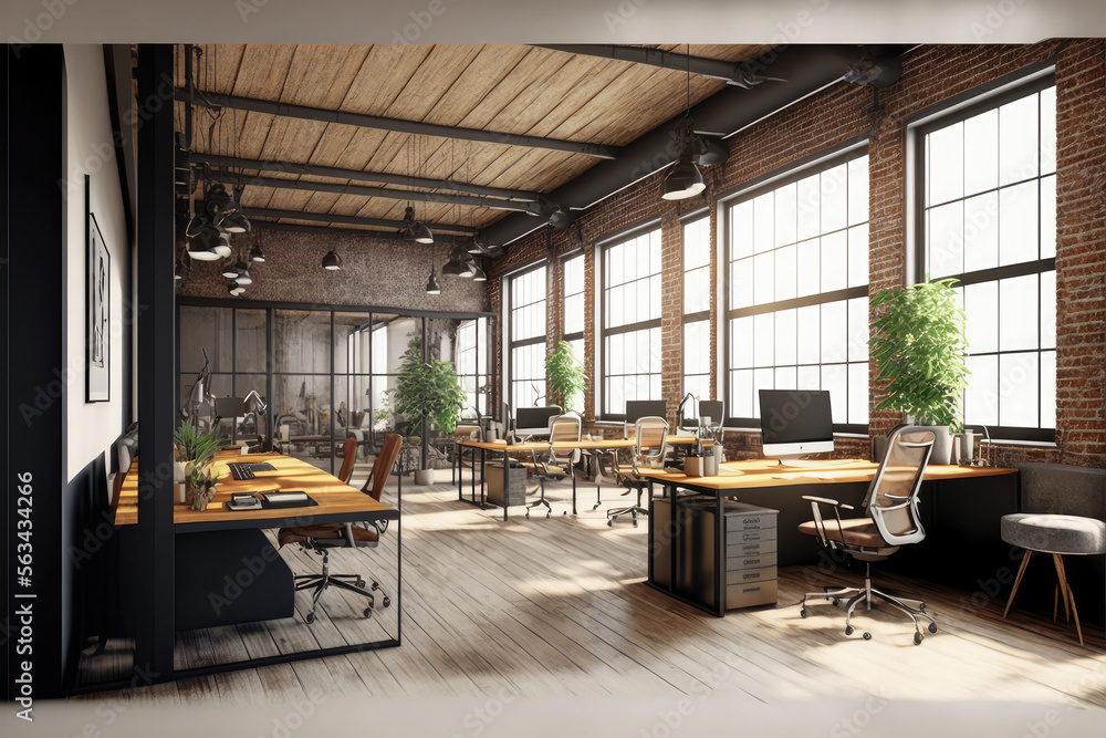 Luxury workspace office decorated with industrial loft modern interior design. Peculiar AI generative image. - obrazy, fototapety, plakaty 