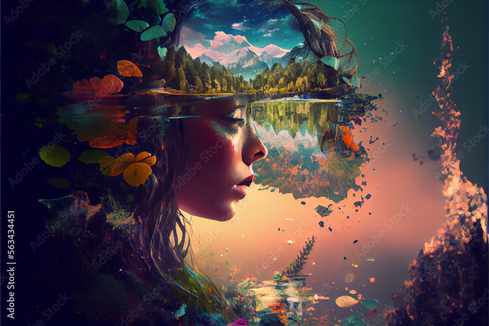 Beautiful art woman landscape mountain forest water Beautiful art woman landscape mountain forest water
