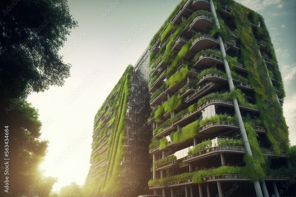 Eco friendly green building with vertical garden in modern city for ...